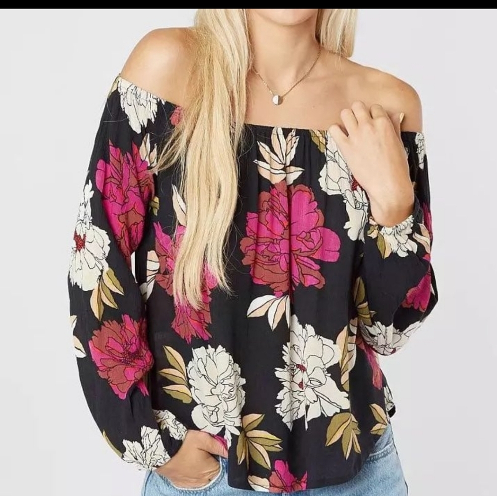 Billabong Womens Mi Amore Off Shoulder Crinkle Gauze Boho Floral Top Size Small